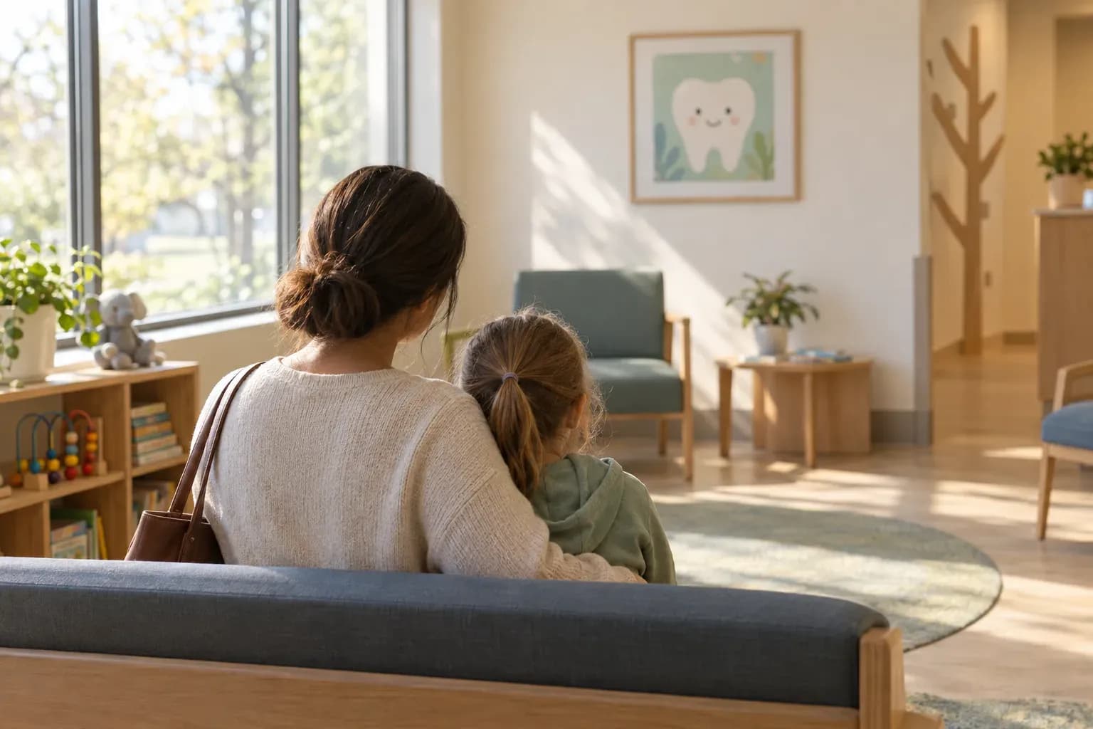 A child and a parent waiting in a bright dental clinic.