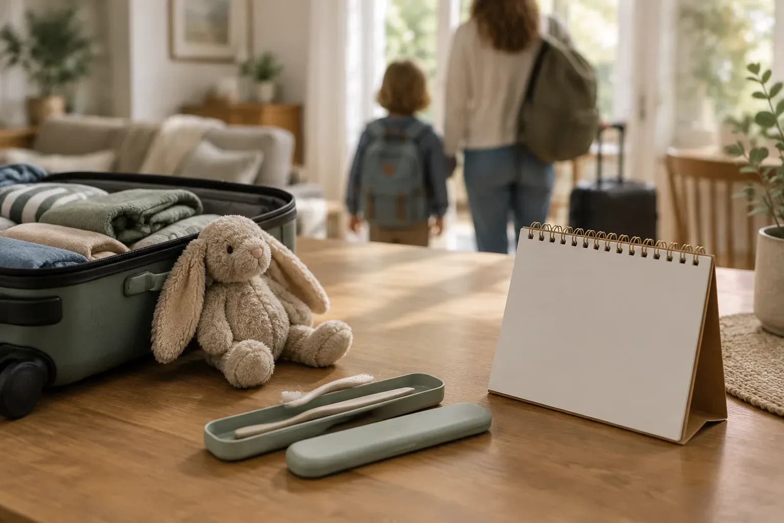 A packed suitcase and a child's things before a family trip