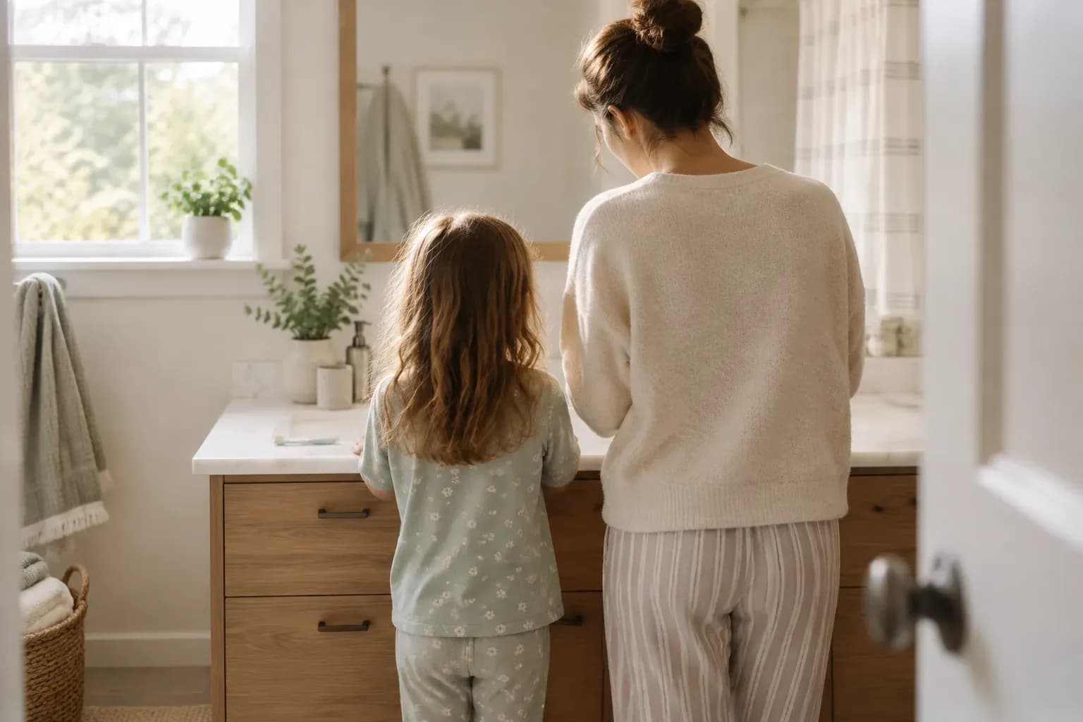 A child and a parent at the sink in a bright bathroom