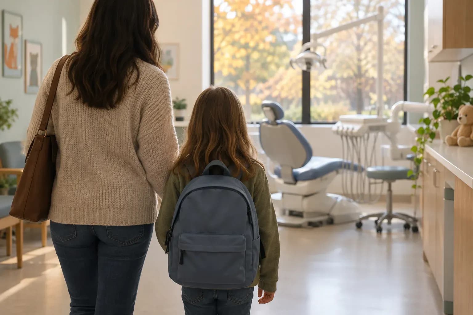 A schoolchild and a parent walking into a bright dental surgery