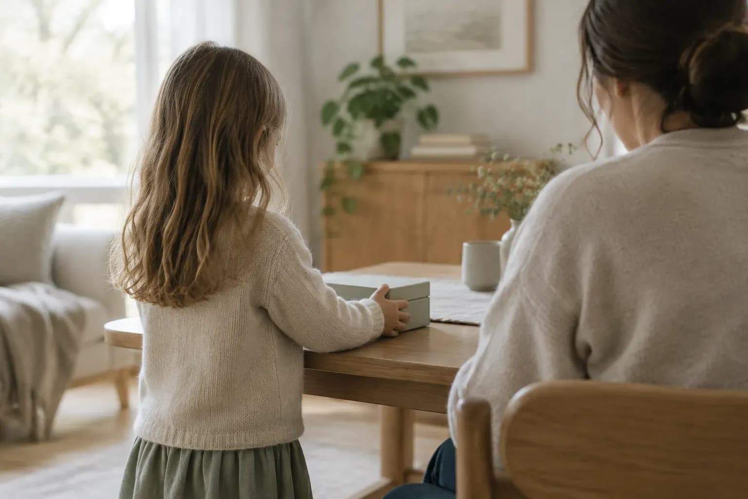 A child putting a small box on the table next to a parent