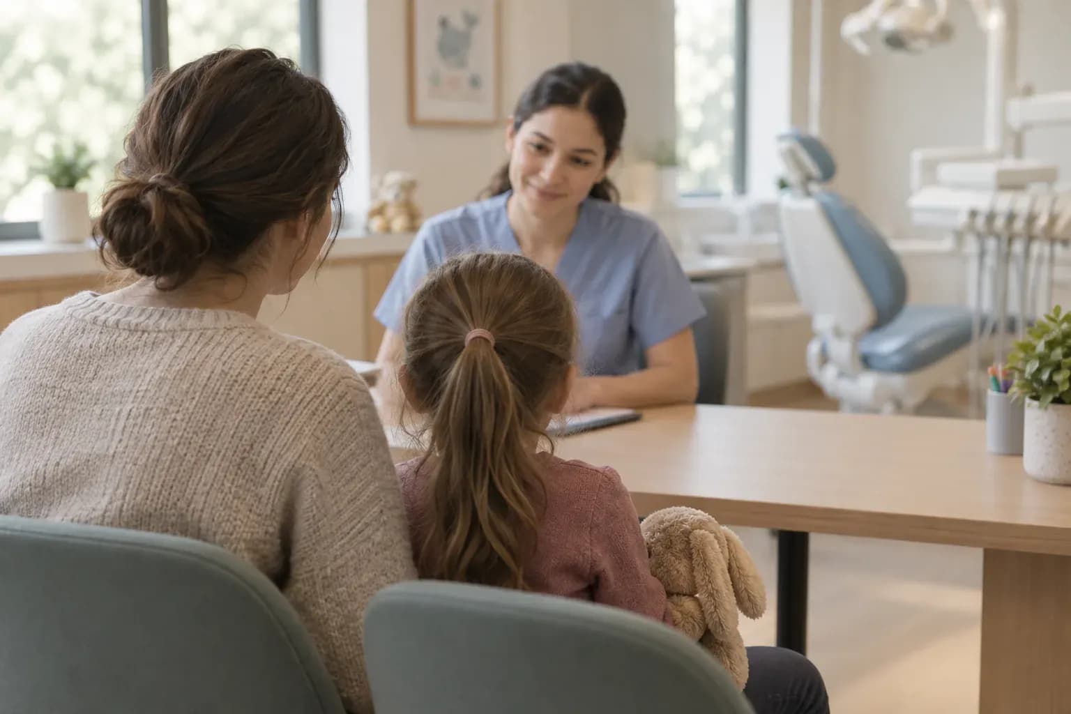 A parent and a child discussing treatment in a bright surgery