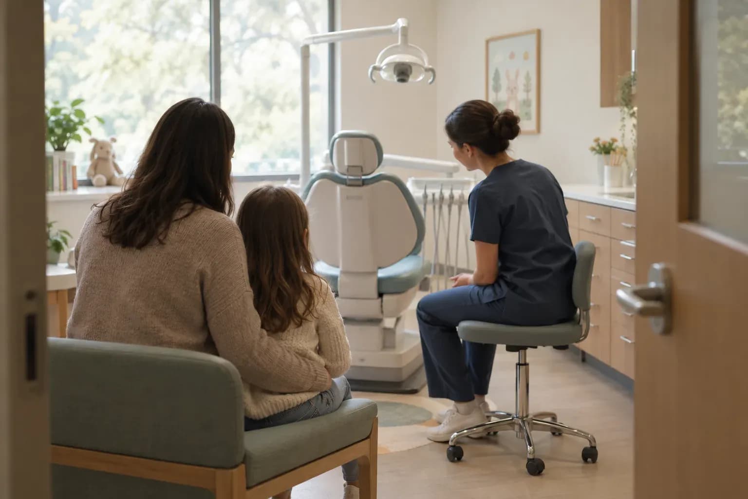 A parent and a child in a bright pediatric dental surgery