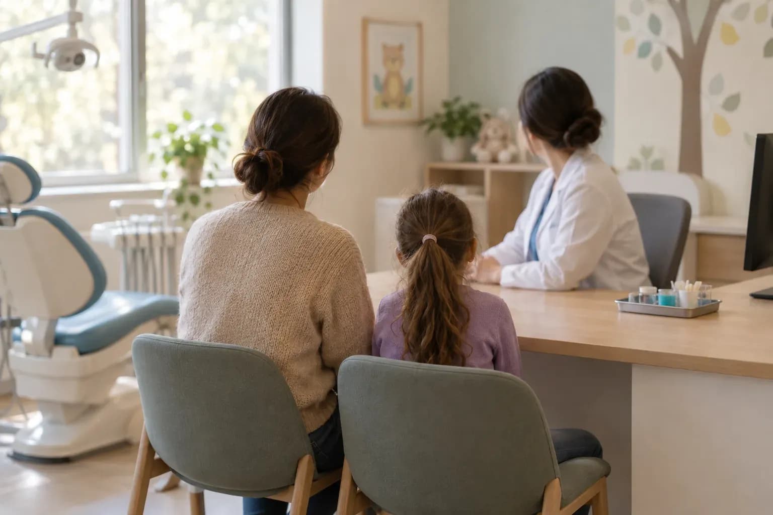A parent and a child talking with a dentist in the surgery
