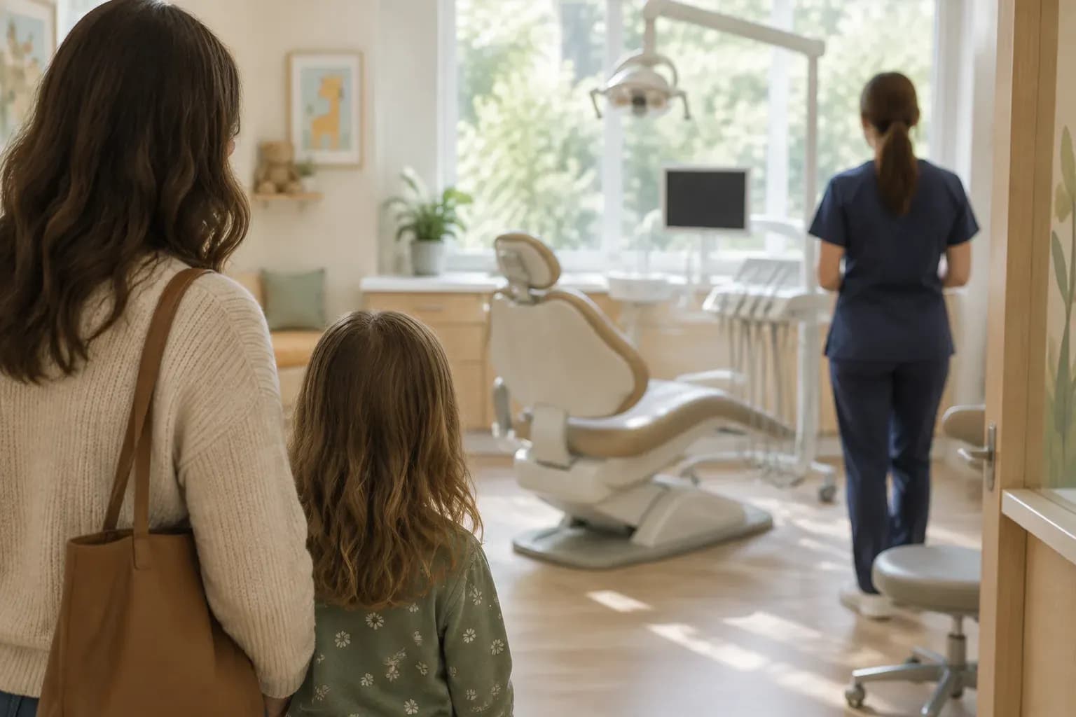 A child and a parent in a bright pediatric dental surgery