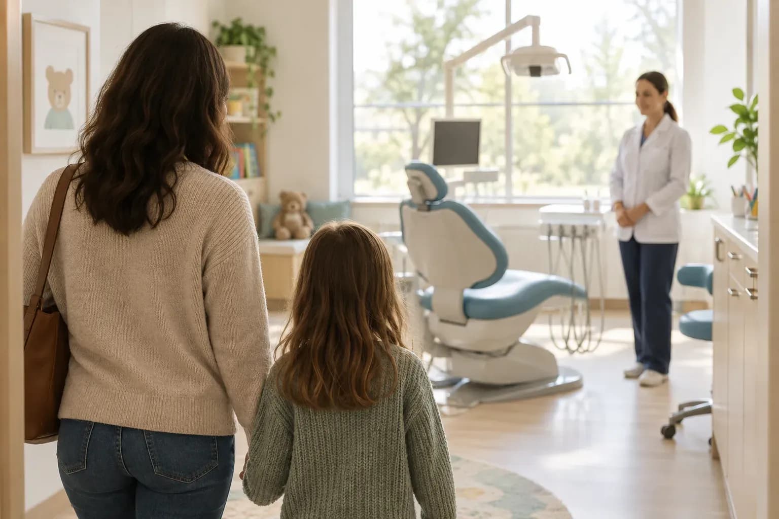 A parent and a child walking into a bright dental surgery
