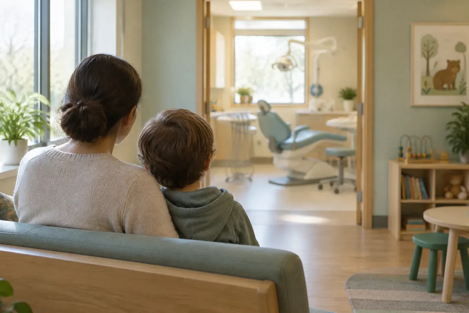 A child and a parent waiting in a bright dental clinic