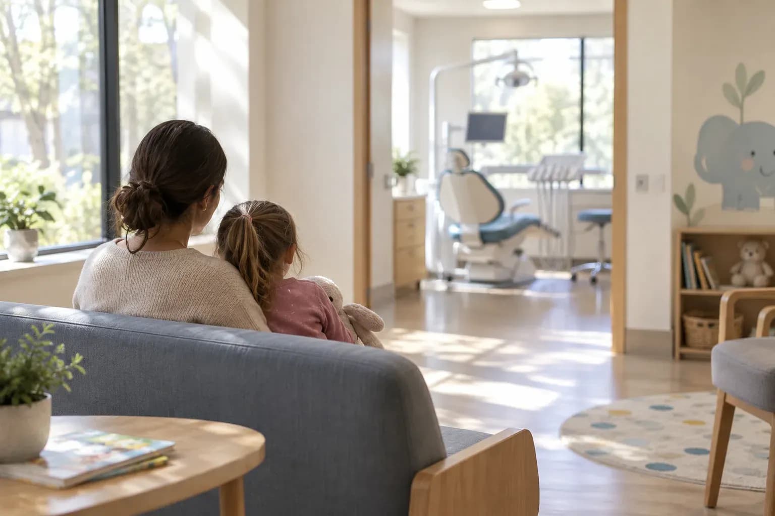 A parent and a child, seen from behind, in a bright dental clinic