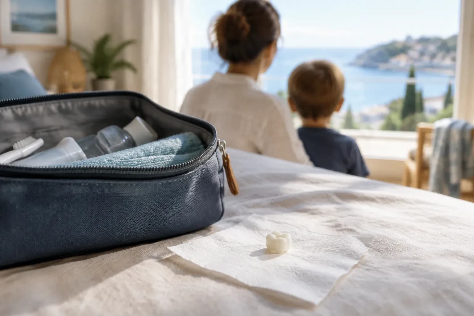 A crown on a napkin next to a travel bag